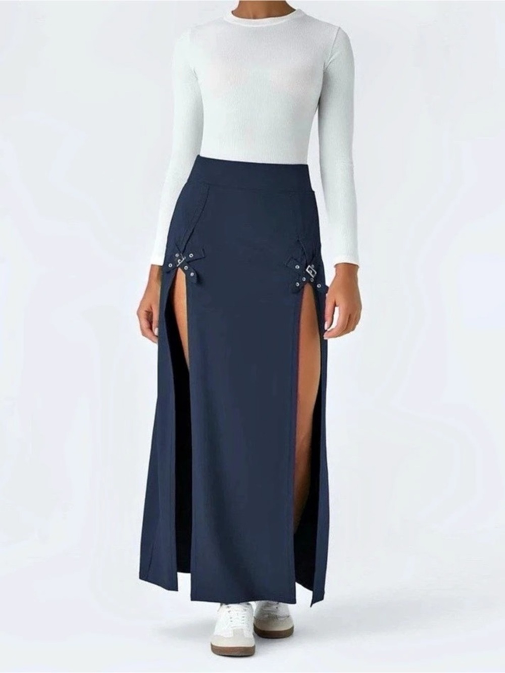 Halara High Waisted Decorative Buckle Split 2-in-1 Maxi Casual Skirt Blue Medium